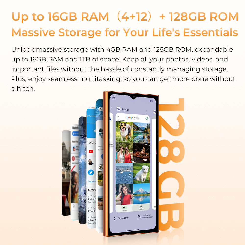 OUKITEL C72 smartphone with up to 16GB RAM (4GB + 12GB virtual) and 128GB internal storage expandable to 1TB, offering massive storage for photos, videos, files, and seamless multitasking