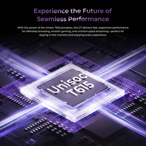 OUKITEL G7 smartphone highlighting the Unisoc T615 processor for fast performance, smooth gaming, efficient multitasking, and seamless streaming