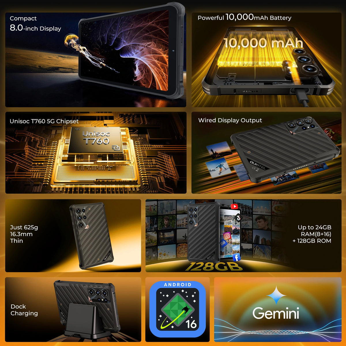 OUKITEL RT11 5G Rugged Tablet 8" Display 10,000mAh Battery Android 16 display and design