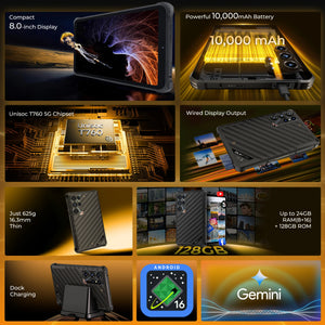 OUKITEL RT11 5G Rugged Tablet 8" Display 10,000mAh Battery Android 16 display and design