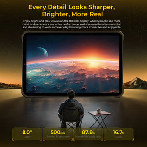 OUKITEL RT11 5G Rugged Tablet 8" Display 10,000mAh Battery Android 16 rugged build detail