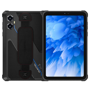 OUKITEL RT3 Plus tablet in blue, displaying the front and back view with a rugged design, dual rear cameras, and an 8-inch HD display for enhanced durability and performance in challenging environments.