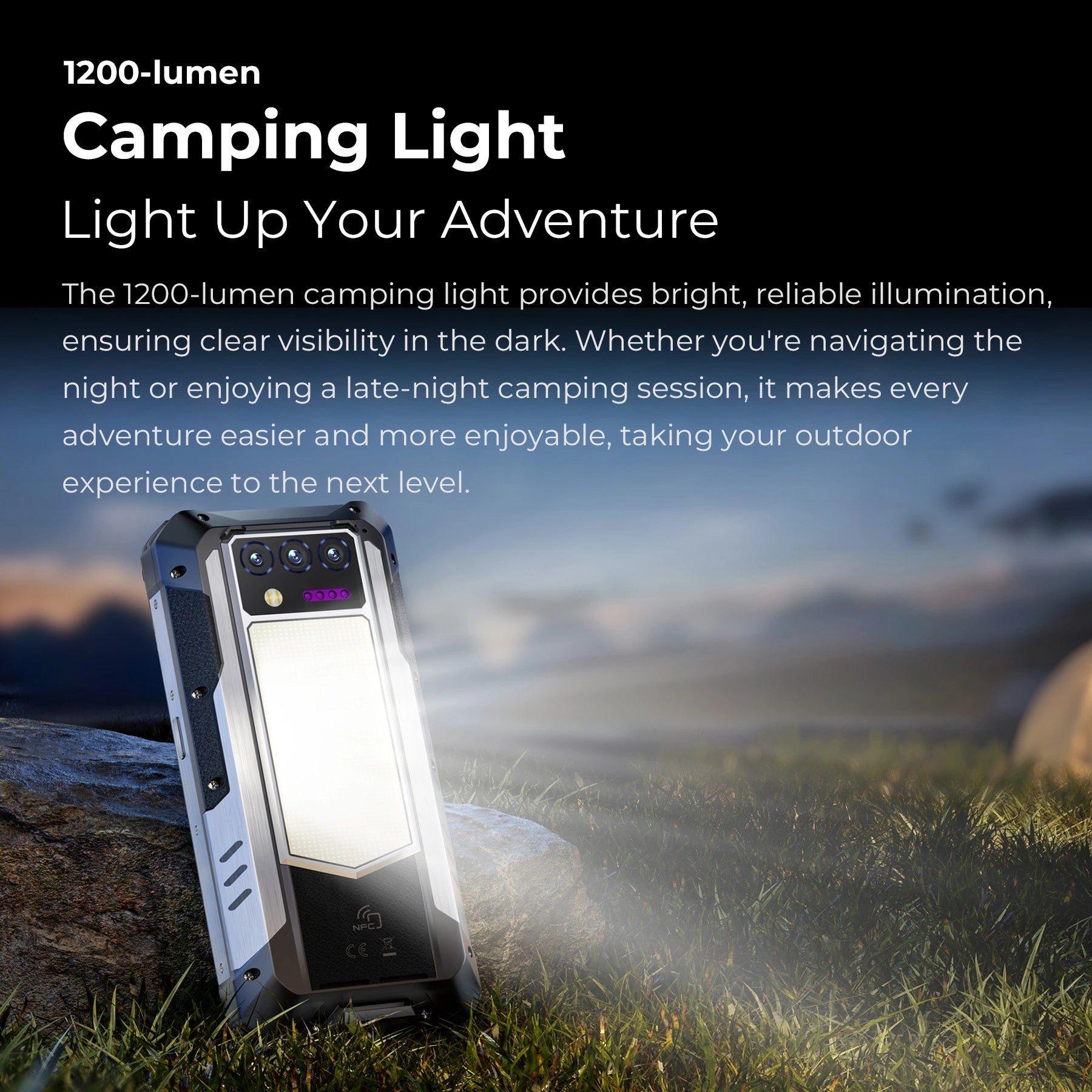 WP100 Plus 1200-lumen camping light providing bright LED illumination for outdoor camping, hiking, emergency lighting, and nighttime adventures.