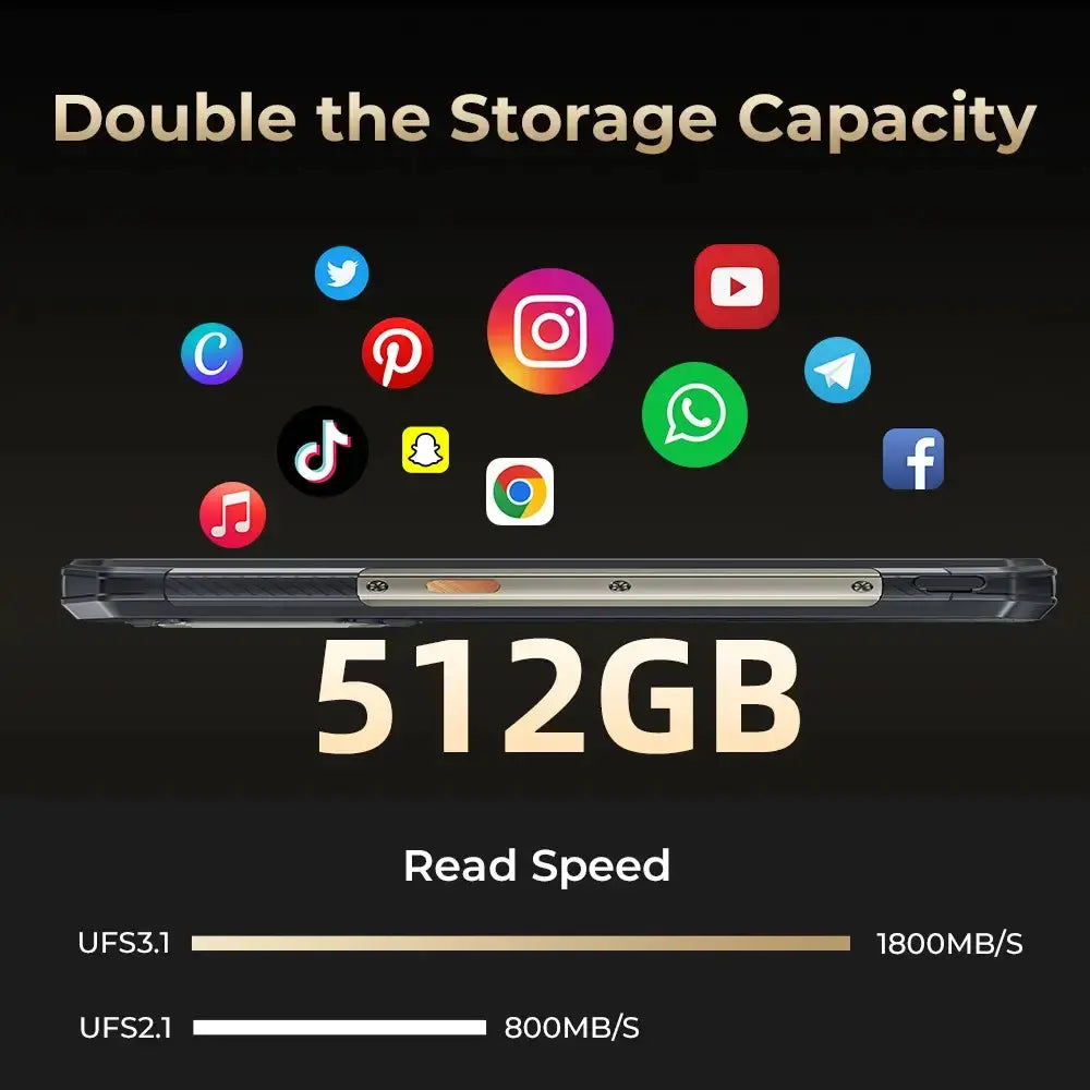 Oukitel WP30 Pro 5G rugged phone with 512GB large storage and 24GB RAM for extensive file storage and smooth multitasking