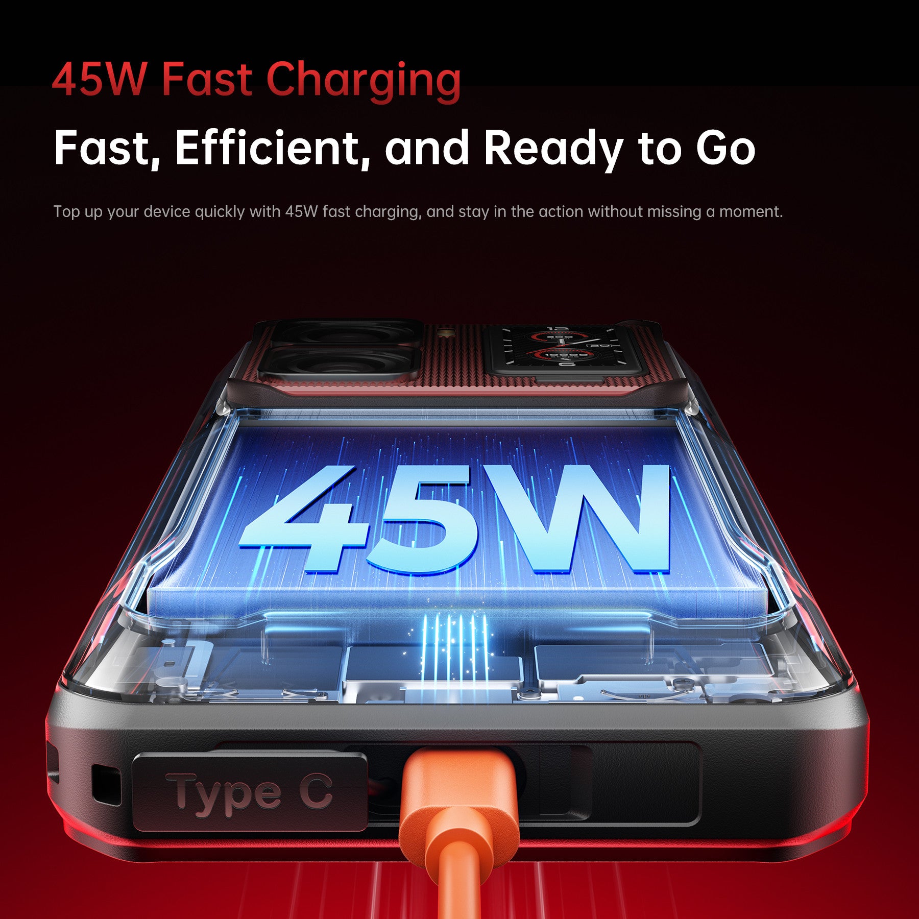 Oukitel WP300 rugged phone with 45W fast charging and USB Type-C port for quick, efficient power delivery on the go.