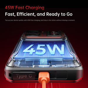 Oukitel WP300 rugged phone with 45W fast charging and USB Type-C port for quick, efficient power delivery on the go.