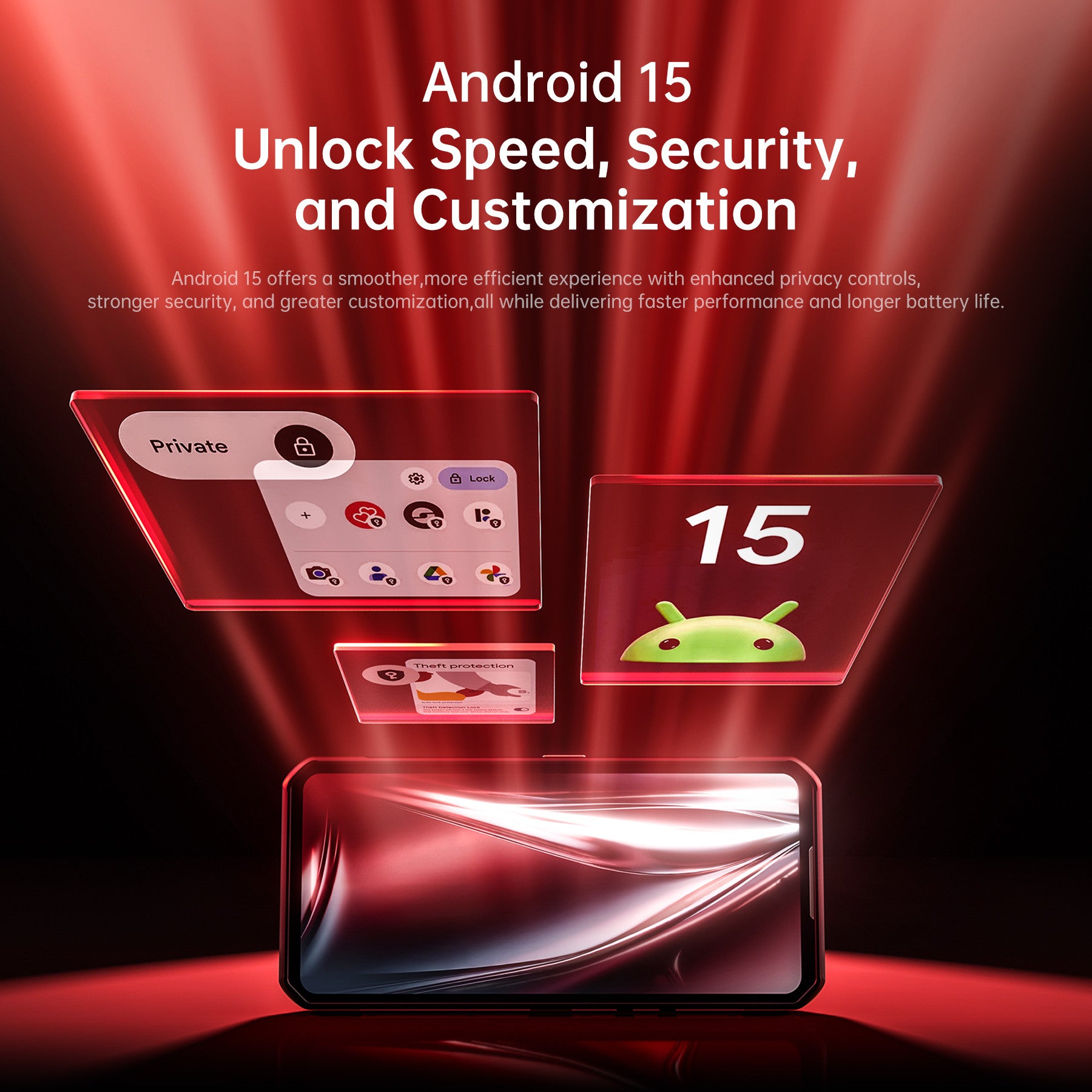 Oukitel WP300 rugged phone running Android 15 with enhanced speed, security, privacy controls, and customization features.