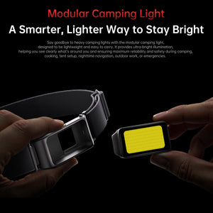 Oukitel WP300 modular camping light showing detachable LED headlamp and lightweight design for outdoor camping, hiking, and emergency lighting.