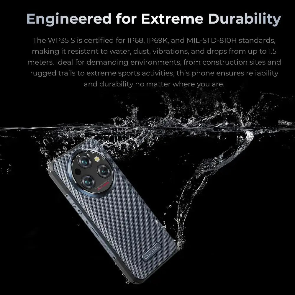 Oukitel WP35S 4G rugged phone with IP68 waterproof rating, resistant to water, dust and drops