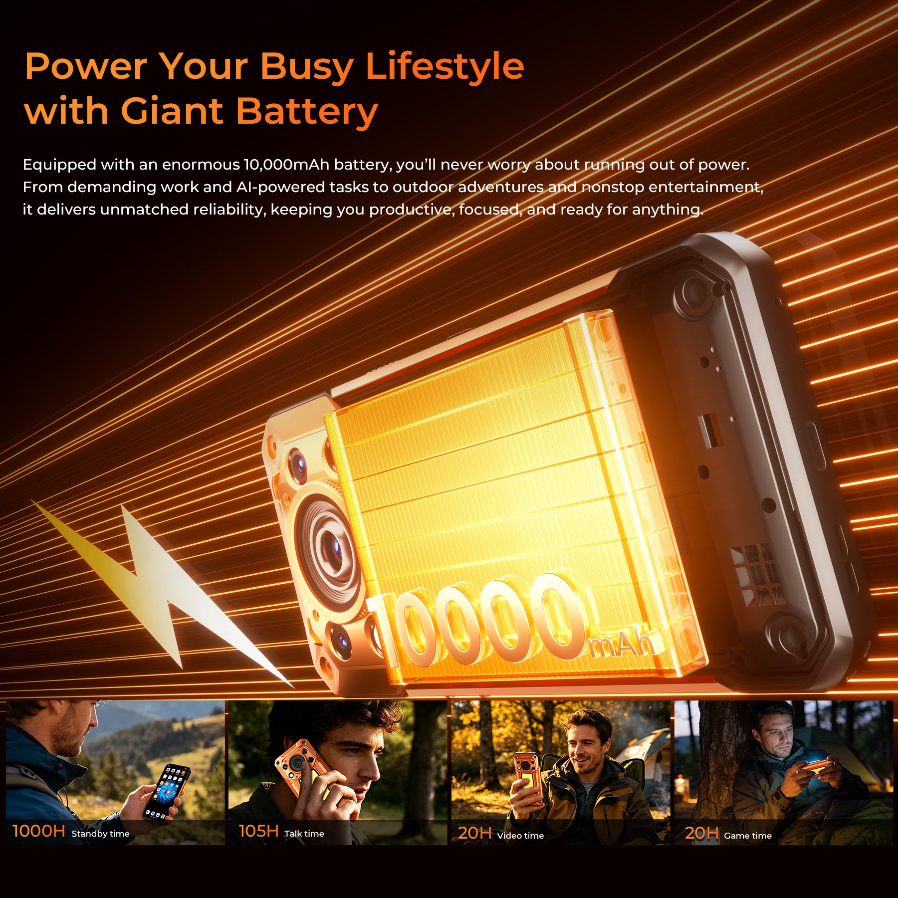 OUKITEL WP500 rugged phone with 10000mAh giant battery offering 1000 hours standby, 105 hours talk time, 20 hours video playback, and 20 hours gaming for nonstop productivity and entertainment