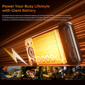 OUKITEL WP500 rugged phone with 10000mAh giant battery offering 1000 hours standby, 105 hours talk time, 20 hours video playback, and 20 hours gaming for nonstop productivity and entertainment