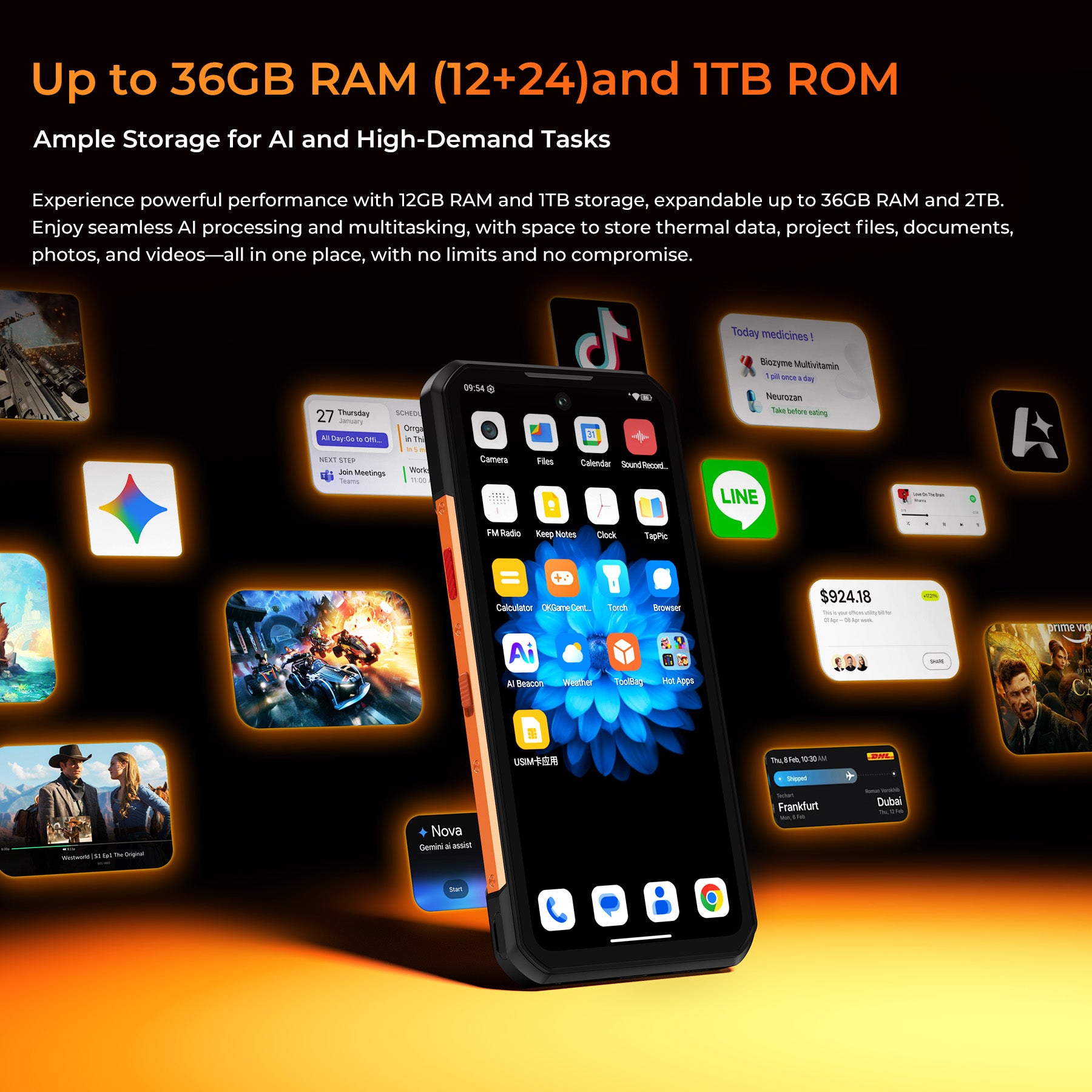 OUKITEL WP500 rugged phone with up to 36GB RAM (12GB + 24GB virtual) and 1TB internal storage expandable to 2TB, offering ample space for AI tasks, multitasking, documents, photos, and videos