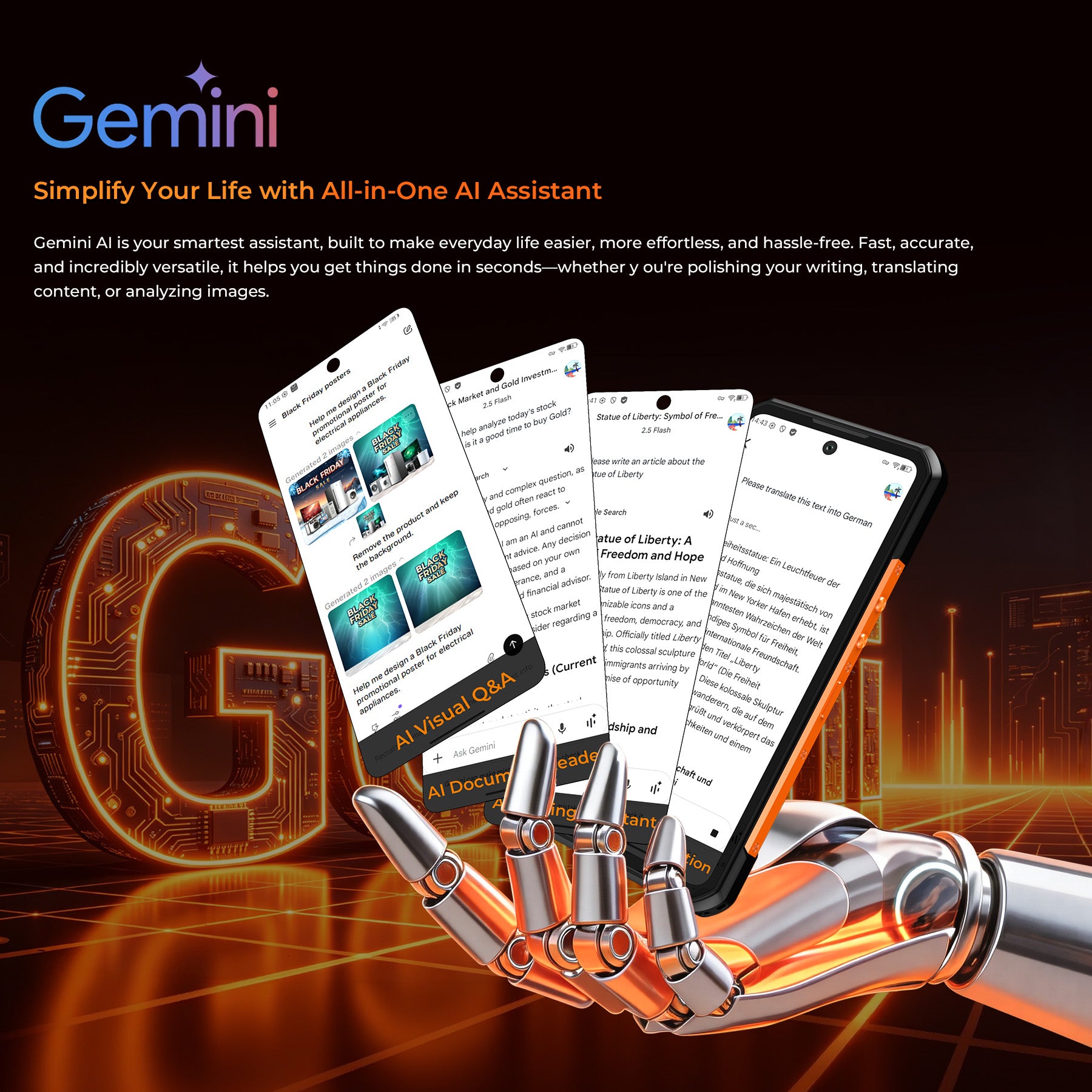OUKITEL WP500 rugged phone with Gemini AI assistant for all-in-one help including visual Q&A, writing, translation, and image analysis to simplify daily tasks
