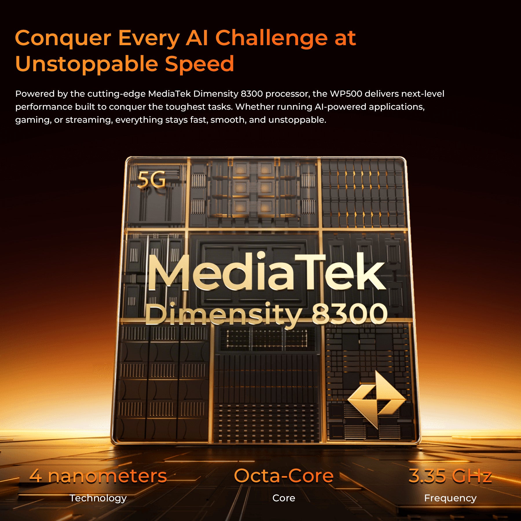OUKITEL WP500 rugged phone powered by MediaTek Dimensity 8300 processor with 5G, 4nm technology, octa-core 3.35GHz, delivering unstoppable speed for AI tasks, gaming, and streaming