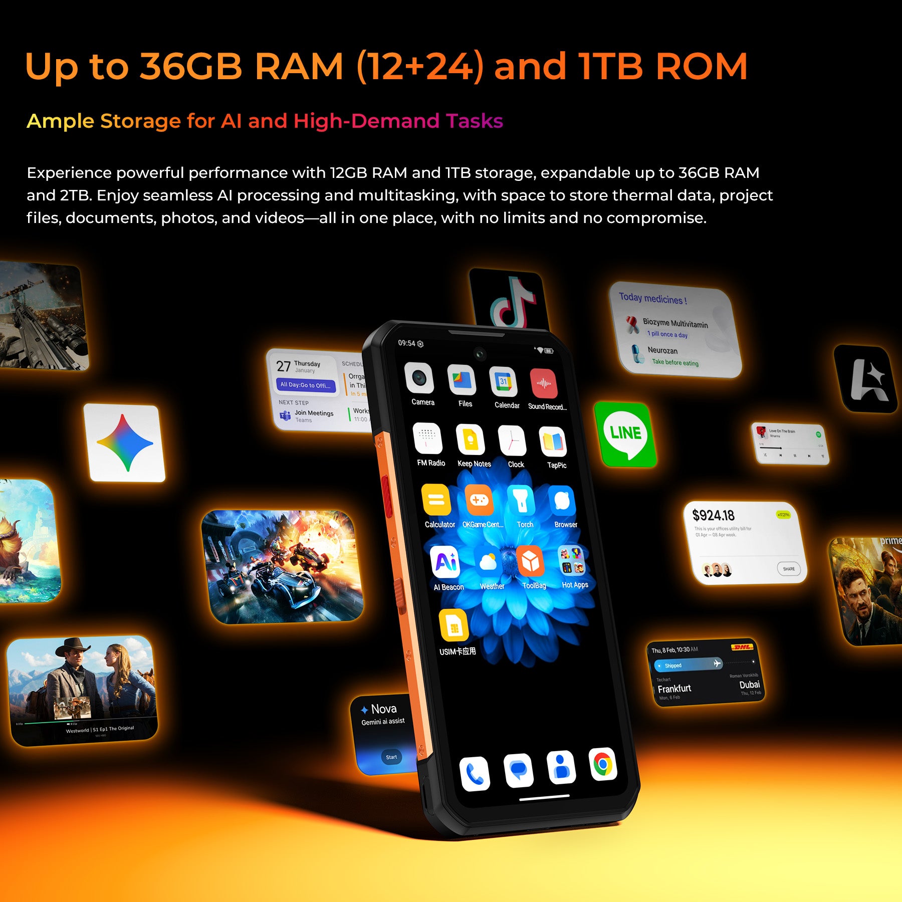OUKITEL WP500 ultra rugged phone with up to 36GB RAM (12GB + 24GB virtual) and 1TB internal storage expandable to 2TB, providing ample storage for AI processing, multitasking, documents, photos, and videos