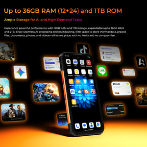 OUKITEL WP500 ultra rugged phone with up to 36GB RAM (12GB + 24GB virtual) and 1TB internal storage expandable to 2TB, providing ample storage for AI processing, multitasking, documents, photos, and videos