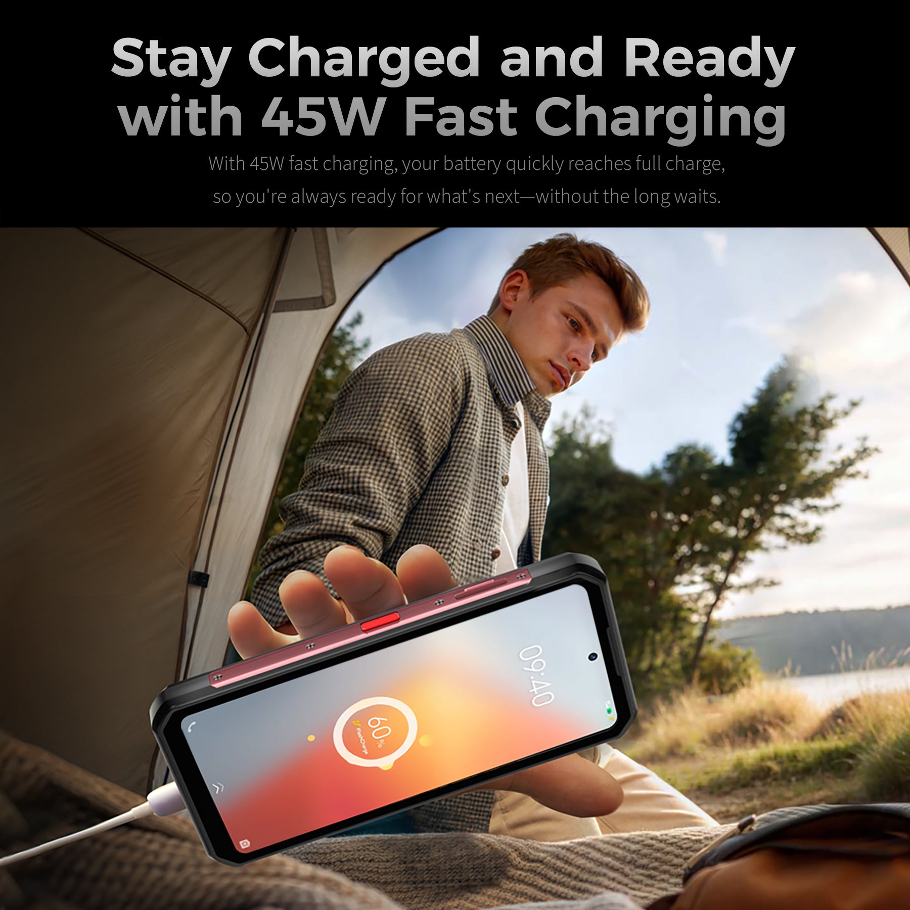 Oukitel WP56 5G rugged smartphone with 45W fast charging, 16000mAh battery, 6.8-inch FHD+ display, and 108MP camera for faster power recharge