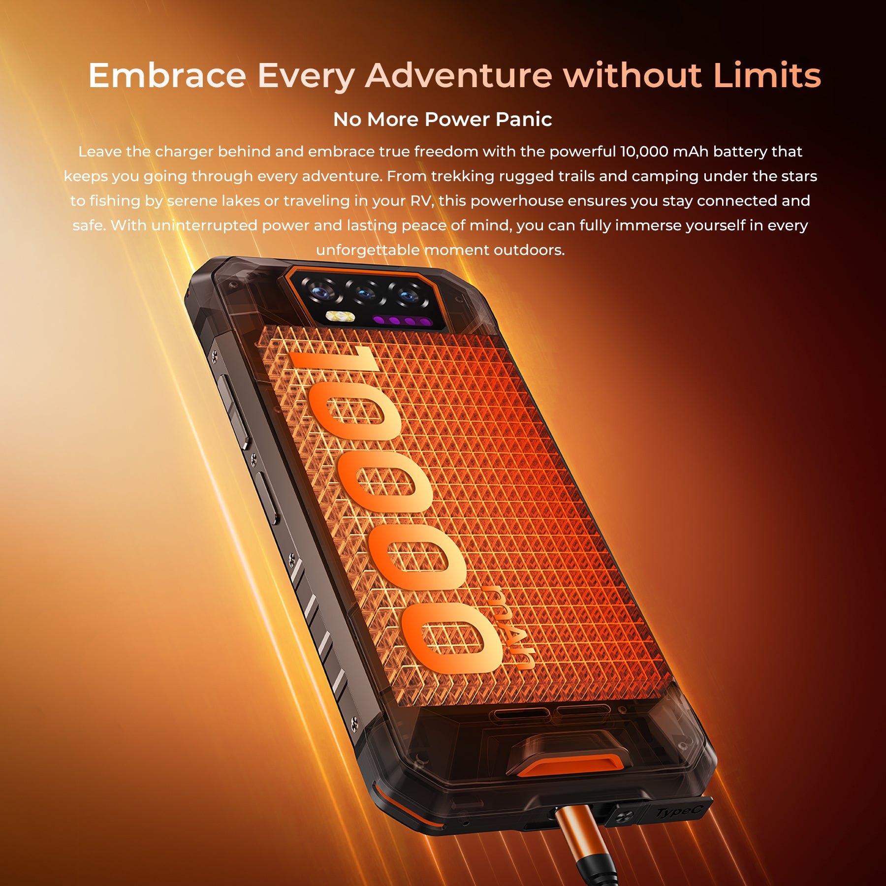 OUKITEL WP58 PRO rugged smartphone with a powerful 10,000mAh battery, perfect for outdoor adventures like trekking, camping, or RV trips.