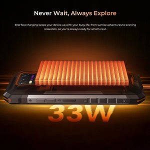 OUKITEL WP58 PRO rugged smartphone with 33W fast charging, ensuring your device stays powered throughout your busy day, from outdoor adventures to evening relaxation.