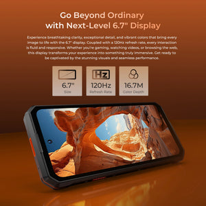 OUKITEL WP58 PRO smartphone with a 6.7" display, offering a 120Hz refresh rate and 16.7M color depth for immersive visuals. Perfect for gaming, video streaming, and browsing.