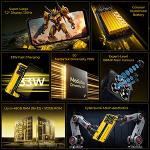 Oukitel WP60 rugged 5G smartphone highlights its key features including 7.2-inch HD+ display, 10000mAh battery, 108MP camera, 33W fast charging, MediaTek Dimensity 7025 processor, and up to 48GB RAM with cyberpunk design.