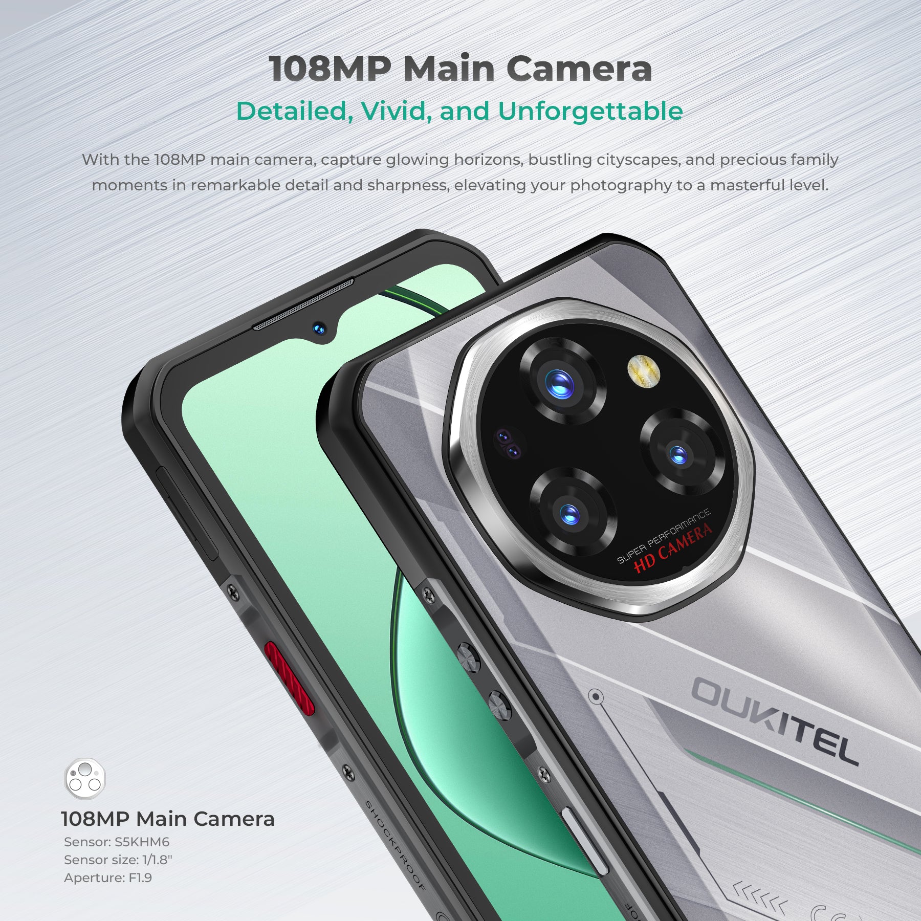 OUKITEL WP62 rugged smartphone with a 108MP main camera, designed to capture vibrant and detailed photos with exceptional clarity.