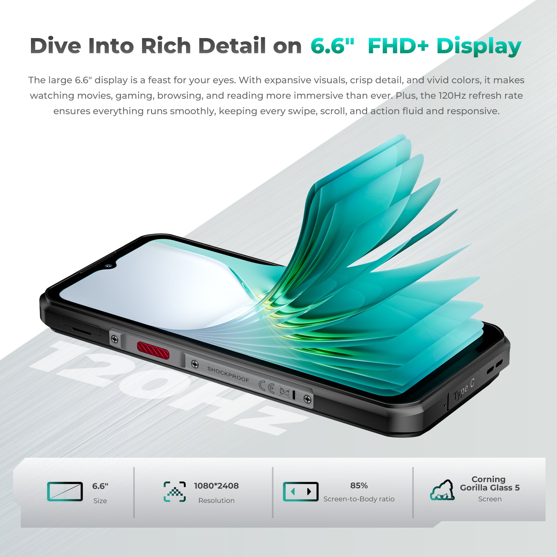 OUKITEL WP62 smartphone featuring a 6.6-inch FHD+ display with a 120Hz refresh rate for smooth visuals and responsive actions.