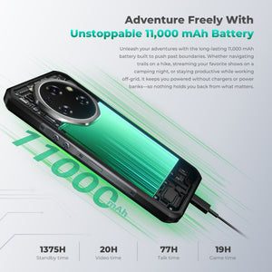 OUKITEL WP62 rugged smartphone with an 11,000 mAh battery, offering up to 77 hours of talk time, 20 hours of video playback, and 19 hours of gaming. The image showcases the phone's internal battery and durable design, ideal for outdoor adventures.