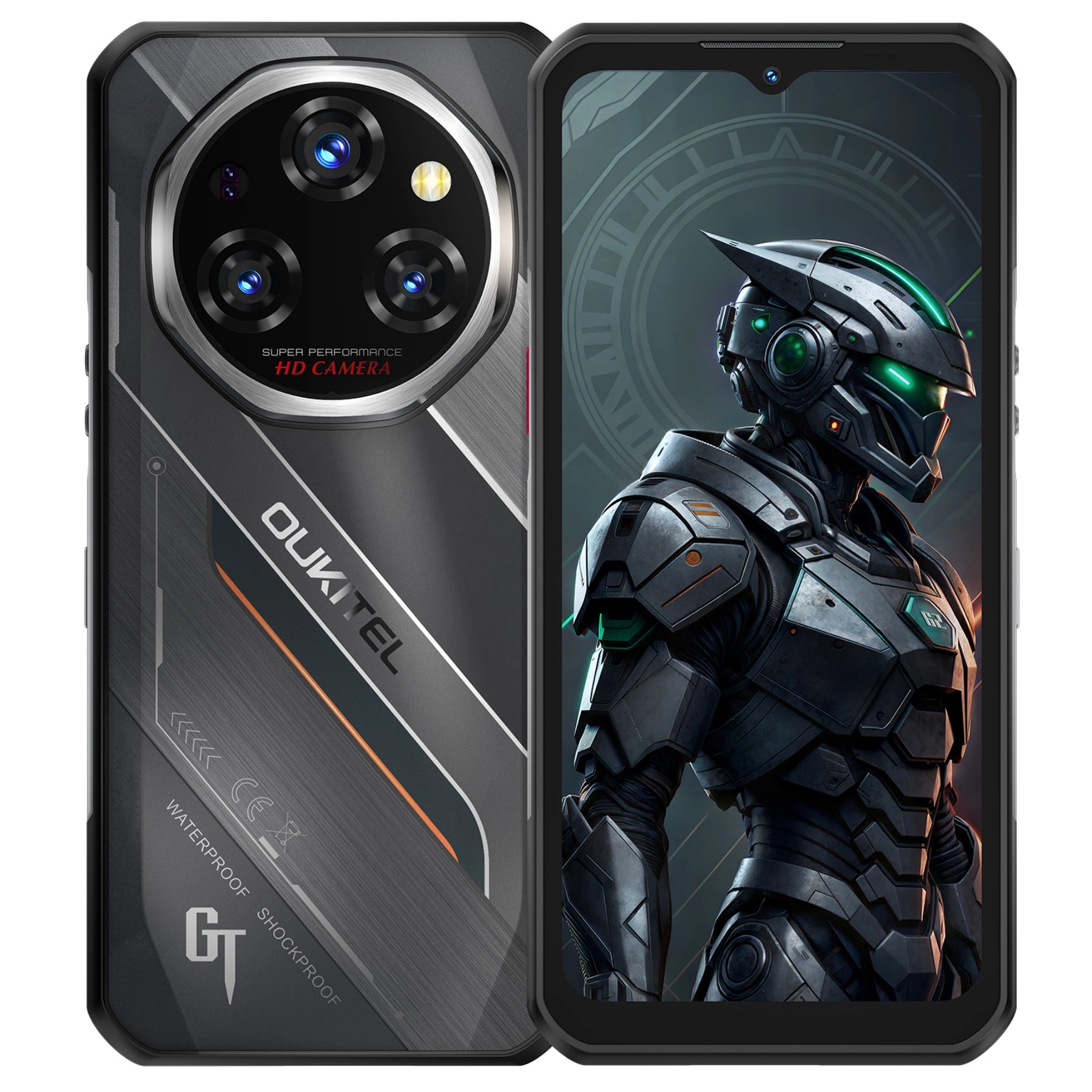 OUKITEL WP62 rugged smartphone featuring a 108MP main camera and a durable design. The front screen displays a futuristic robot image, showcasing its sharp, high-definition display, while the back highlights the shockproof and waterproof features of the phone.