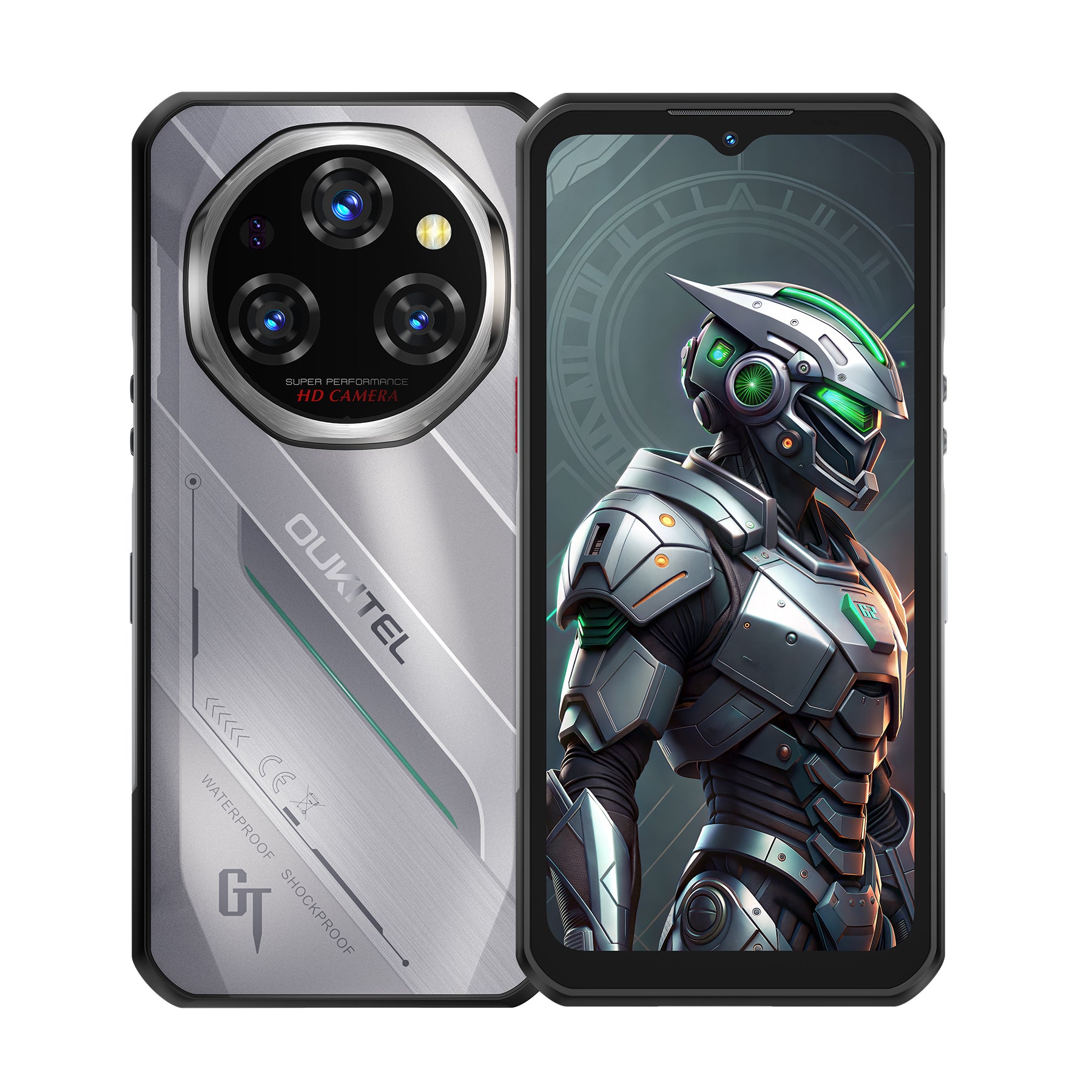 OUKITEL WP62 silver rugged smartphone with a 108MP HD camera and a shockproof, waterproof design. The front displays a vibrant, futuristic robot image, emphasizing the phone's durability and high-definition display capabilities.