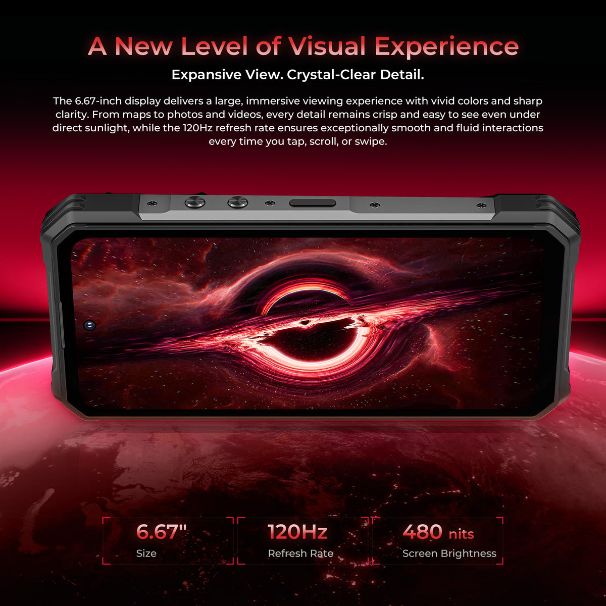 OUKITEL WP63 rugged phone featuring a 6.67-inch 120Hz ultra-large display with 480 nits brightness.