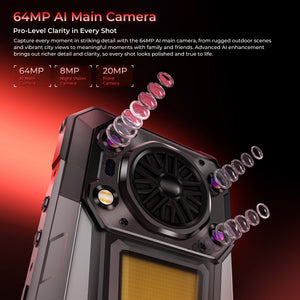 OUKITEL WP63 5G rugged phone equipped with a 64MP AI main camera, 8MP night vision, and 20MP front camera.