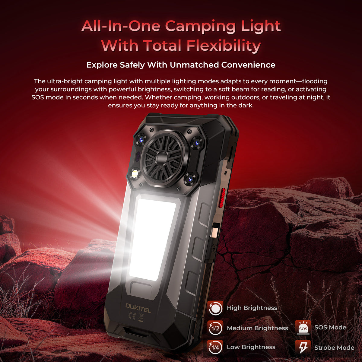 OUKITEL WP63 rugged smartphone featuring an all-in-one camping light with High/Medium/Low brightness, SOS, and Strobe modes.