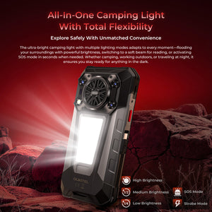 OUKITEL WP63 rugged smartphone featuring an all-in-one camping light with High/Medium/Low brightness, SOS, and Strobe modes.