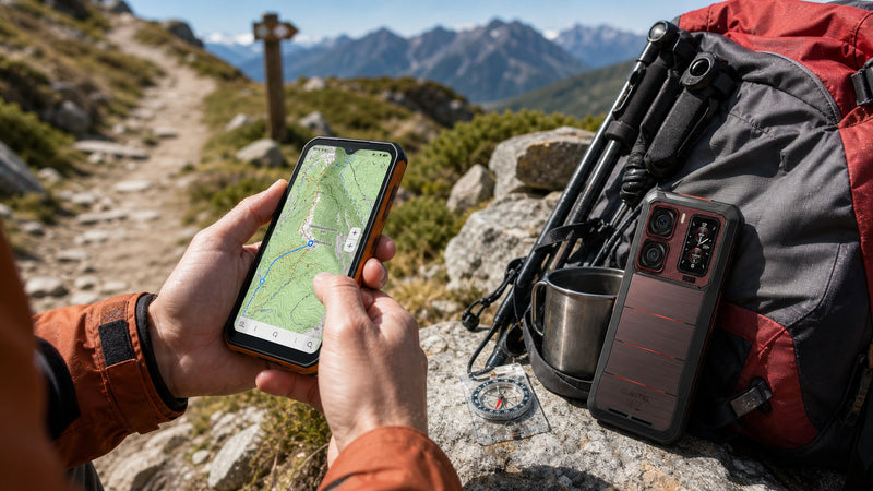 Hiker using an OUKITEL WP66 for offline navigation beside an OUKITEL WP300