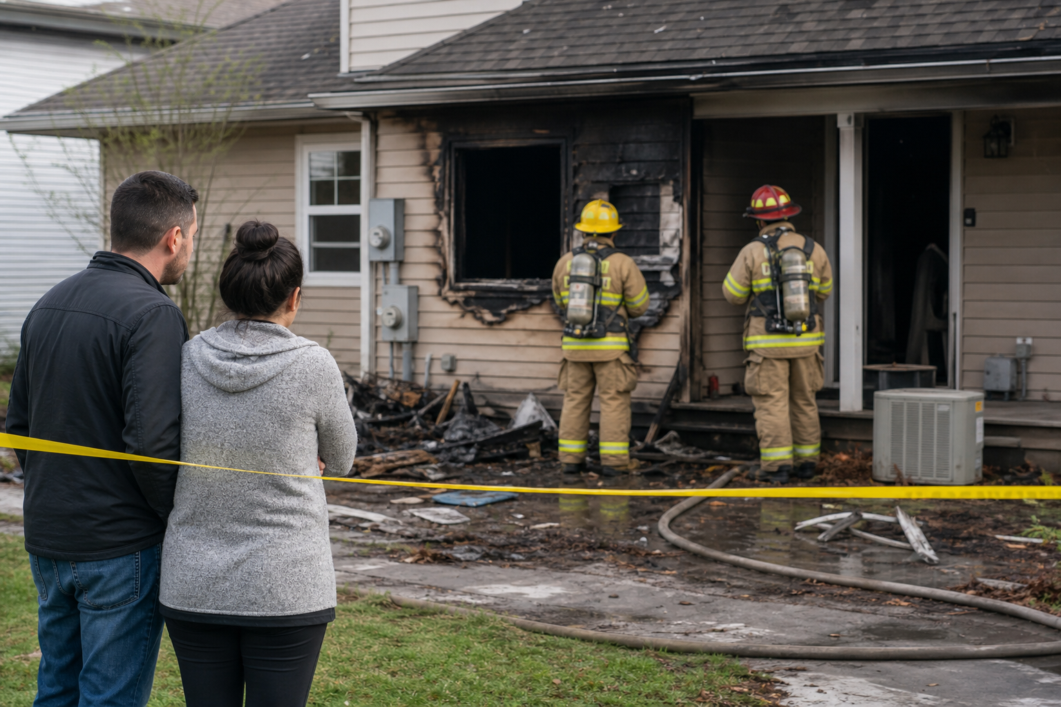 Residents remain behind a safety barrier while firefighters inspect a fire-damaged home for structural, electrical, gas, and debris hazards