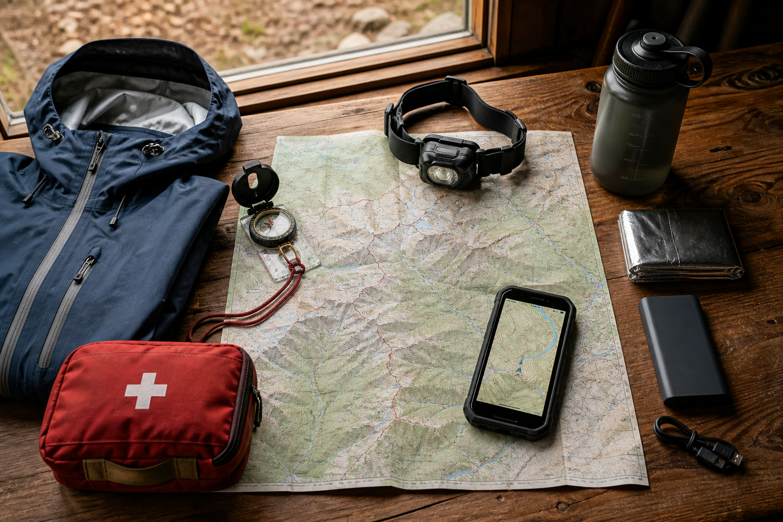 Hiking safety essentials arranged with a paper map, compass, headlamp, first-aid kit, waterproof layer, water bottle, power bank, and rugged phone