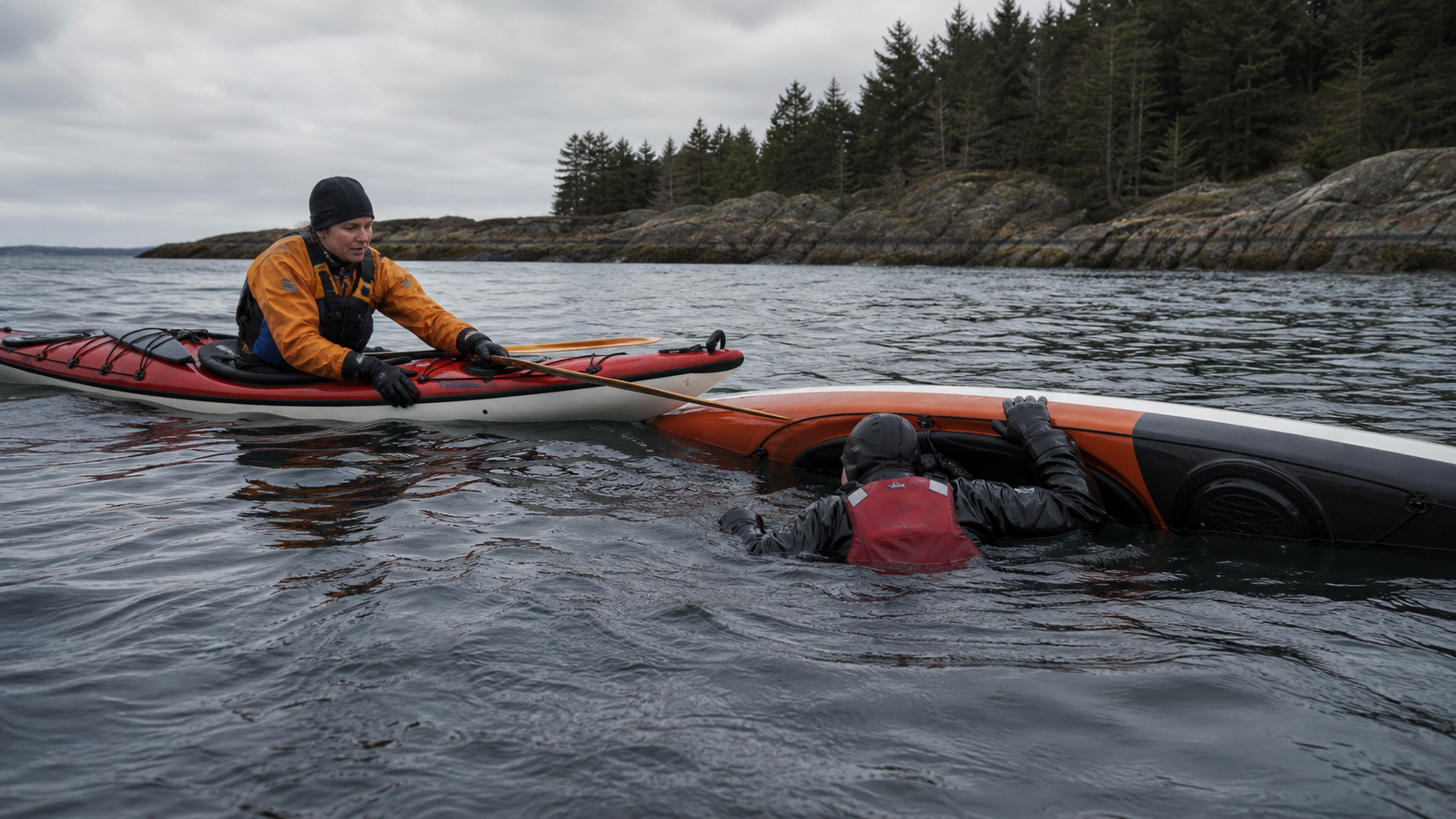 Two sea kayakers practice an assisted capsize rescue in cold coastal water while wearing PFDs and immersion protection