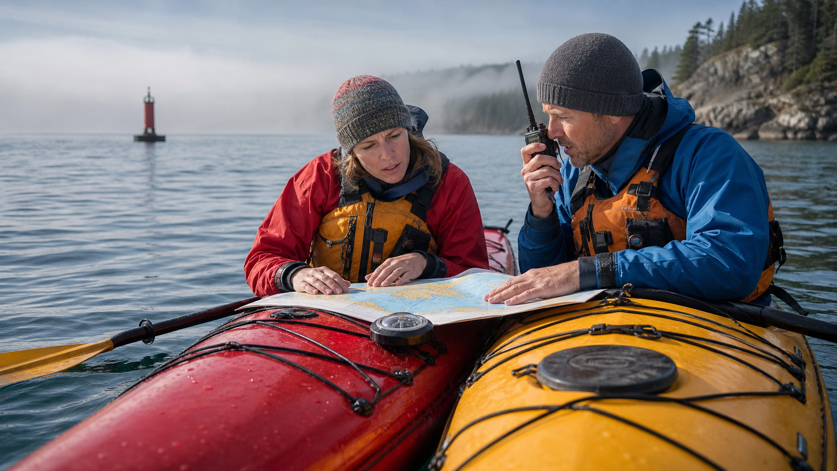 Two sea kayakers wearing PFDs check a marine chart and compass while using a waterproof handheld VHF near a coastal navigation buoy