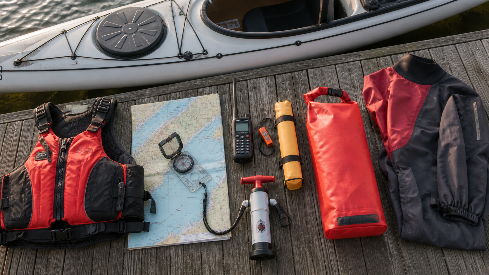 Sea kayaking safety equipment arranged on a dock, including a PFD, marine chart, compass, waterproof VHF radio, dry bag, pump, and immersion clothing
