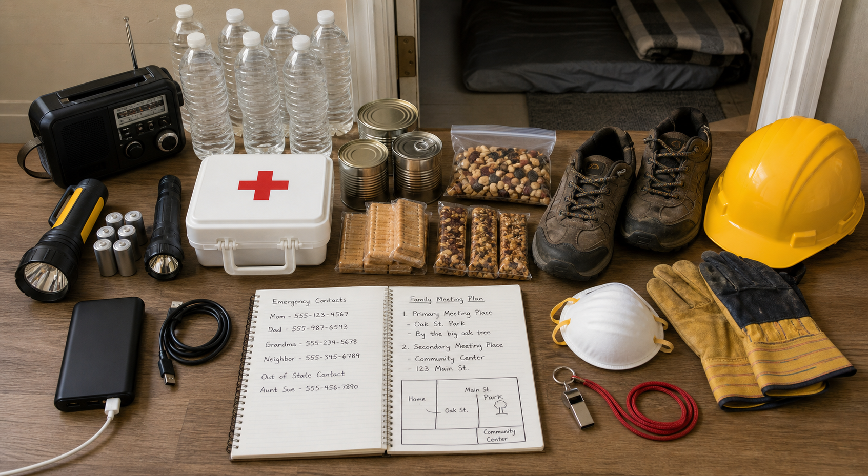 Tornado emergency kit with a NOAA Weather Radio, flashlights, first-aid supplies, water, backup power, helmets, and a written family communication plan