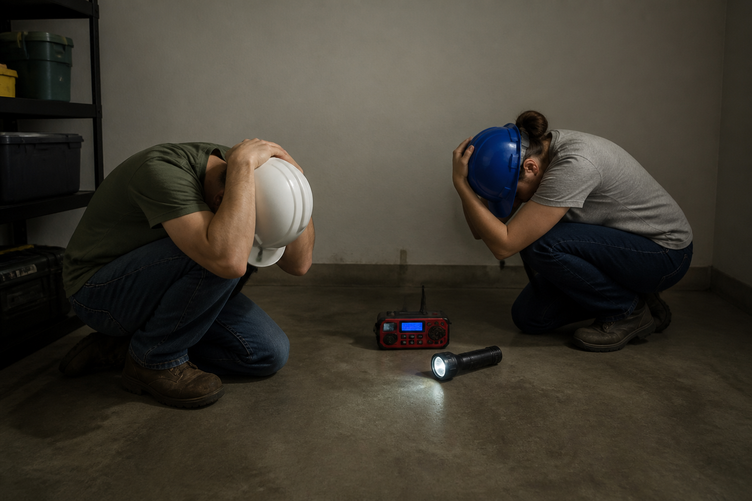 Family shelters in a small windowless interior room on the lowest floor during a tornado warning while protecting their heads and necks