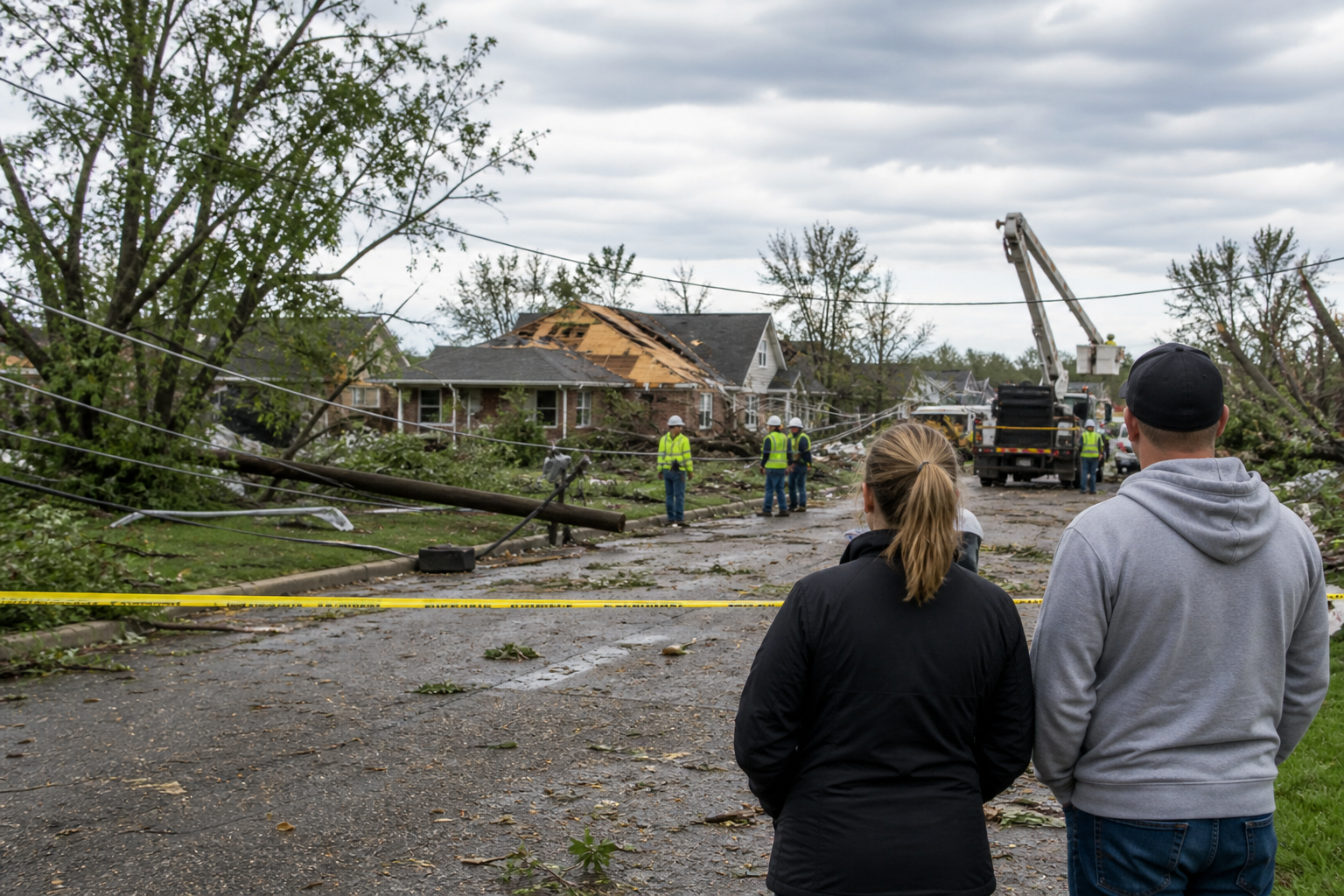 Post-tornado neighborhood with damaged structures, downed power lines, debris, and emergency responders marking unsafe areas