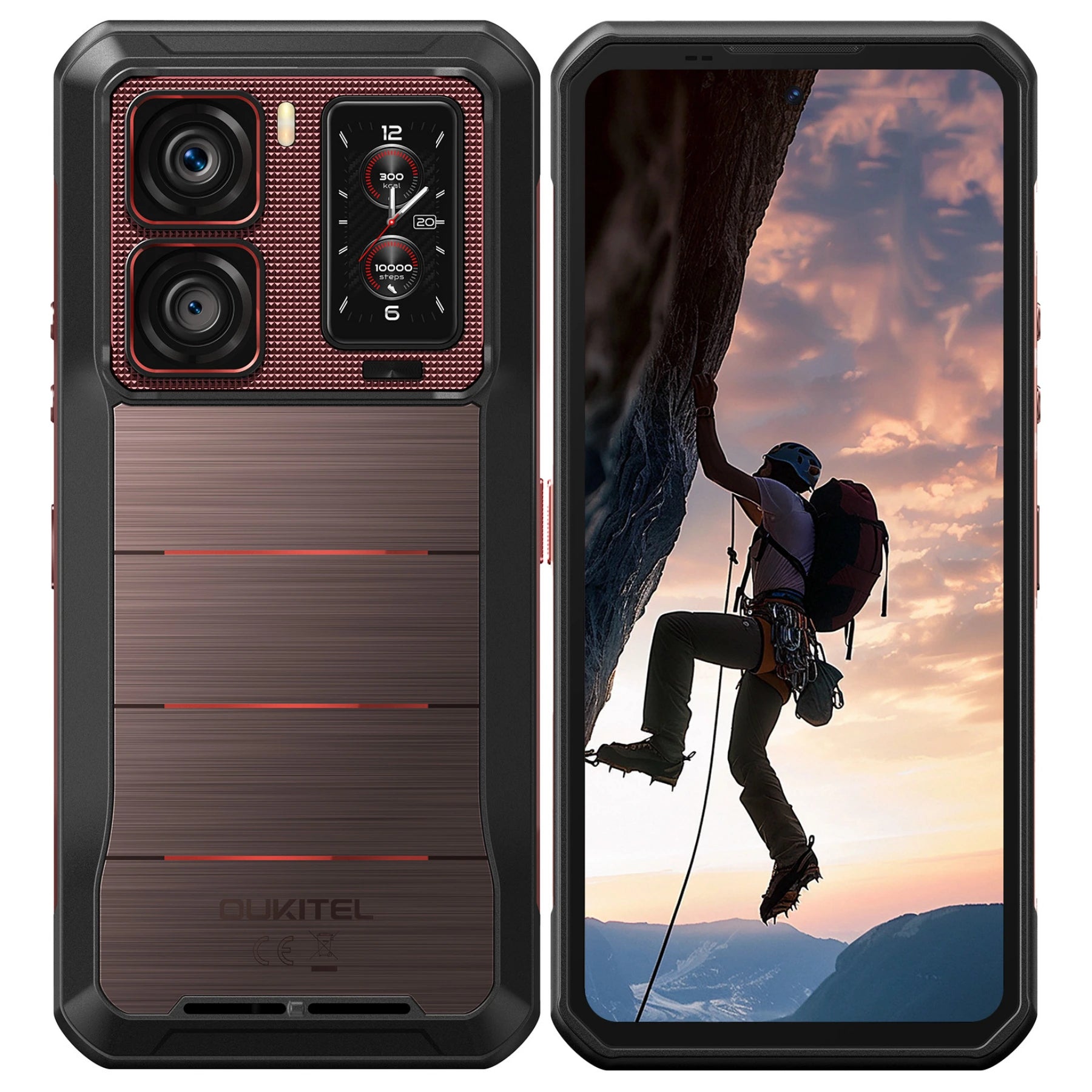 Oukitel WP300 red 5G rugged smartphone with 6.8-inch screen, 16000mAh big battery, 108MP main camera, Android 15, 12GB RAM and 512GB storage with NFC