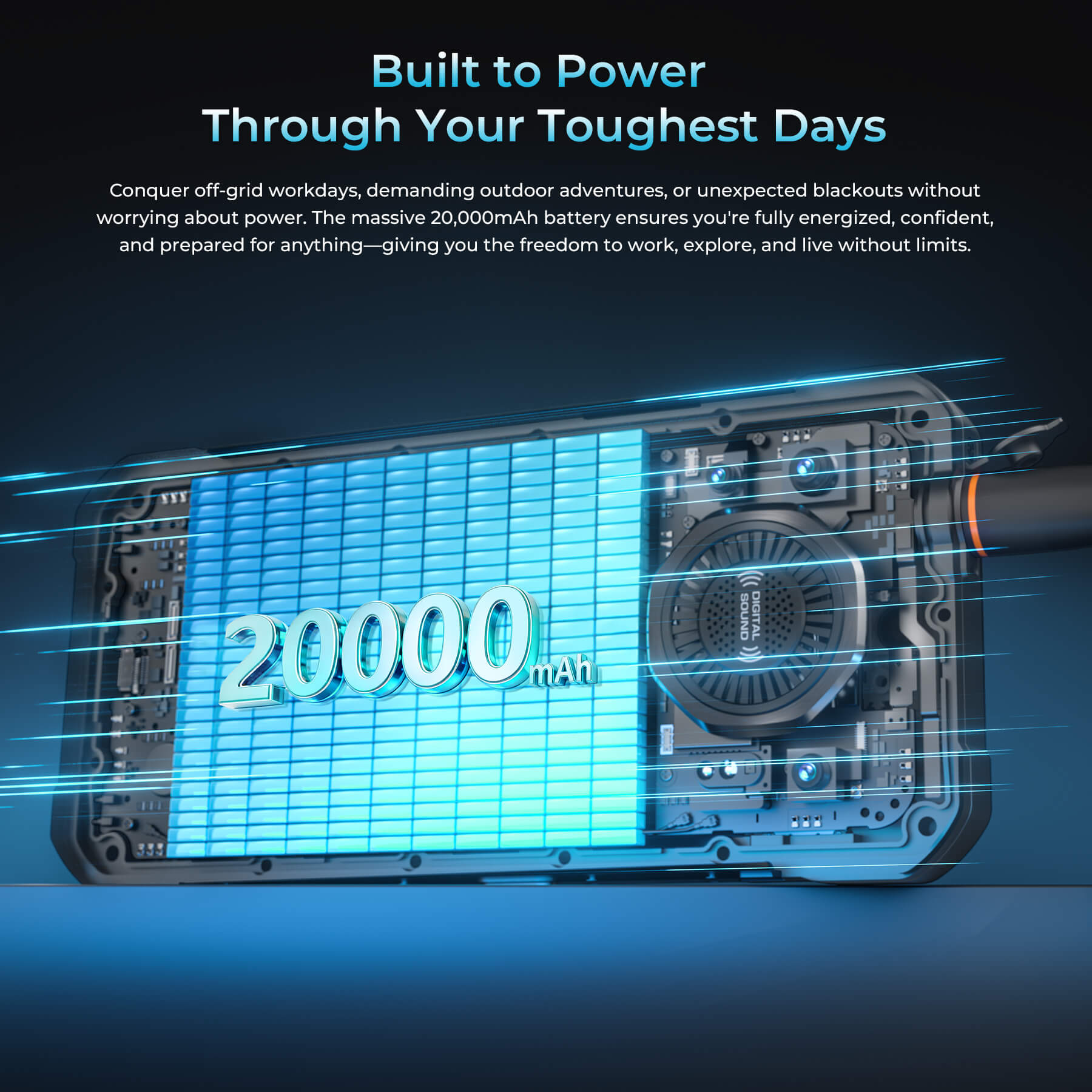 WP61 Plus Rugged Phone featuring massive 20,000mAh battery built to power through your toughest days—conquering off-grid work, demanding outdoor adventures, and unexpected blackouts with confidence and freedom.