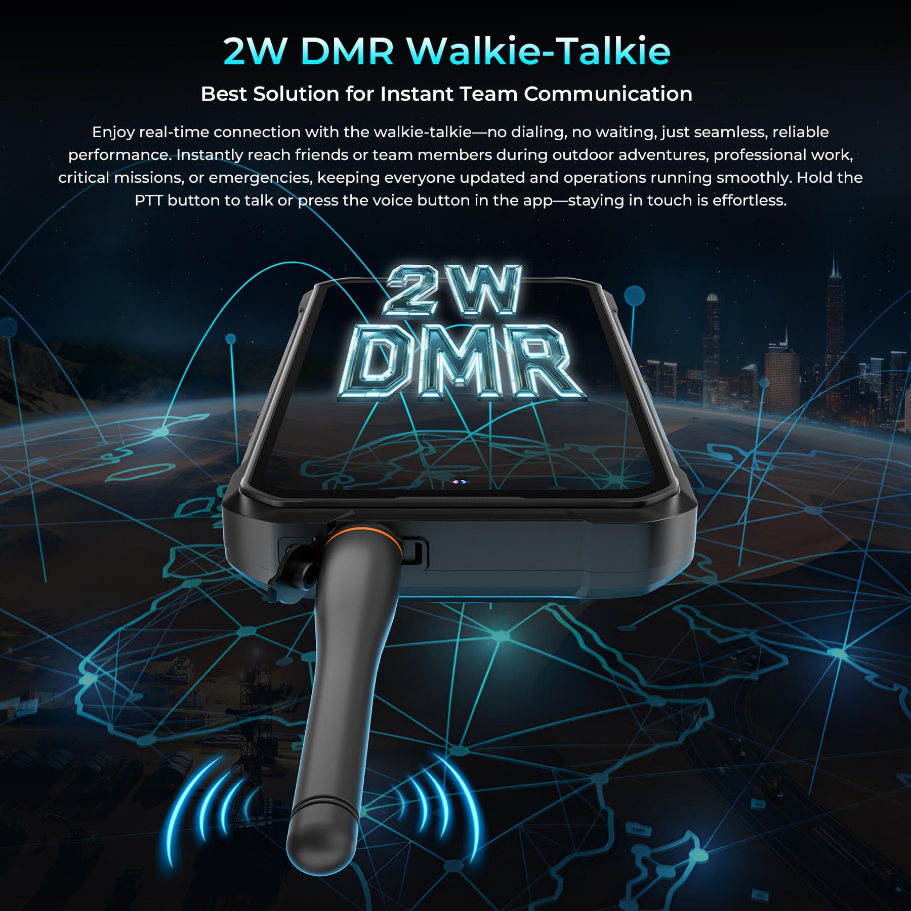 WP61 Plus Rugged Phone featuring 2W DMR walkie-talkie, the best solution for instant team communication—no dialing, no waiting, just seamless real-time connection for outdoor adventures, professional work, critical missions, and emergencies.