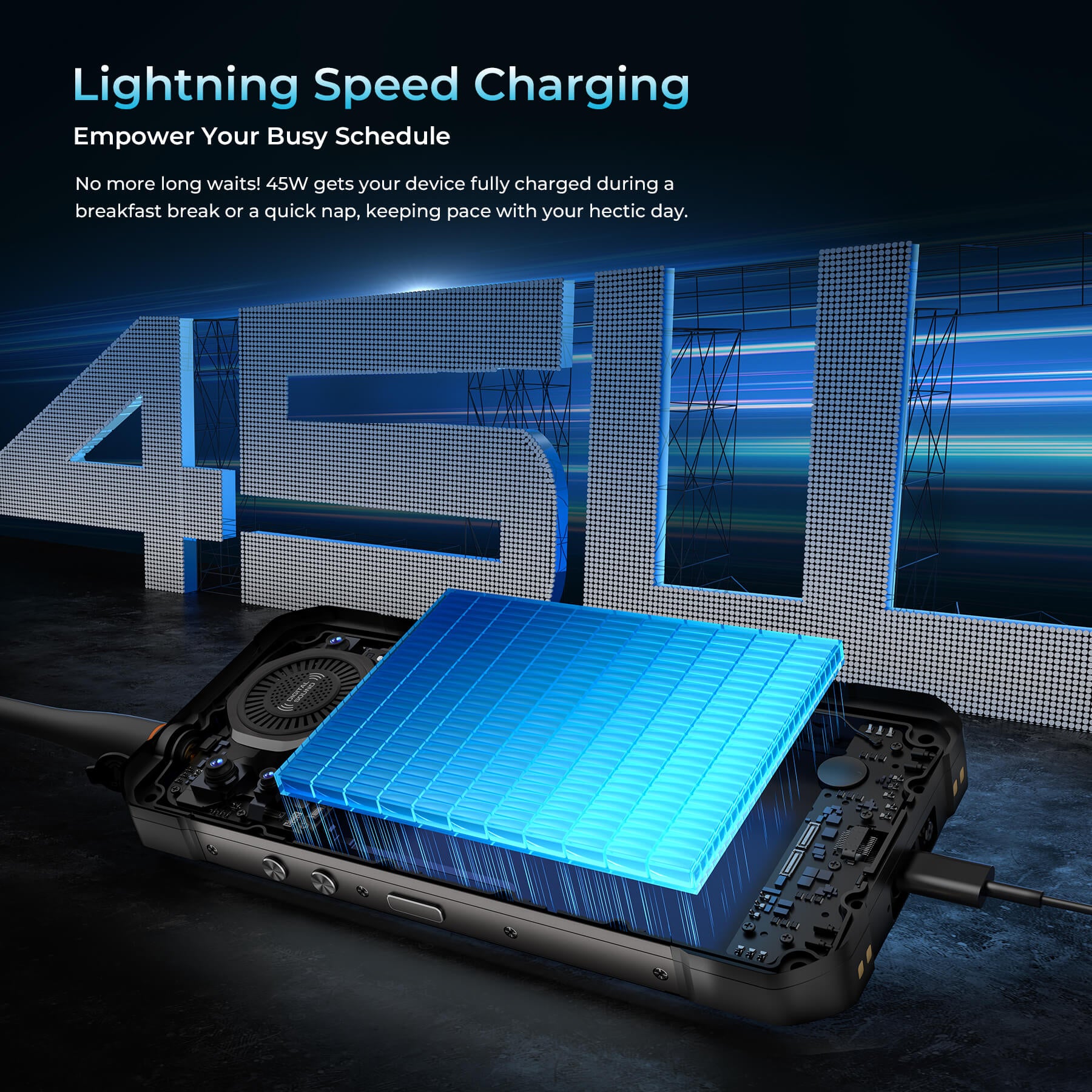 WP61 Plus Rugged Phone featuring lightning speed 45W fast charging that empowers your busy schedule by getting your device fully charged during a breakfast break or quick nap.