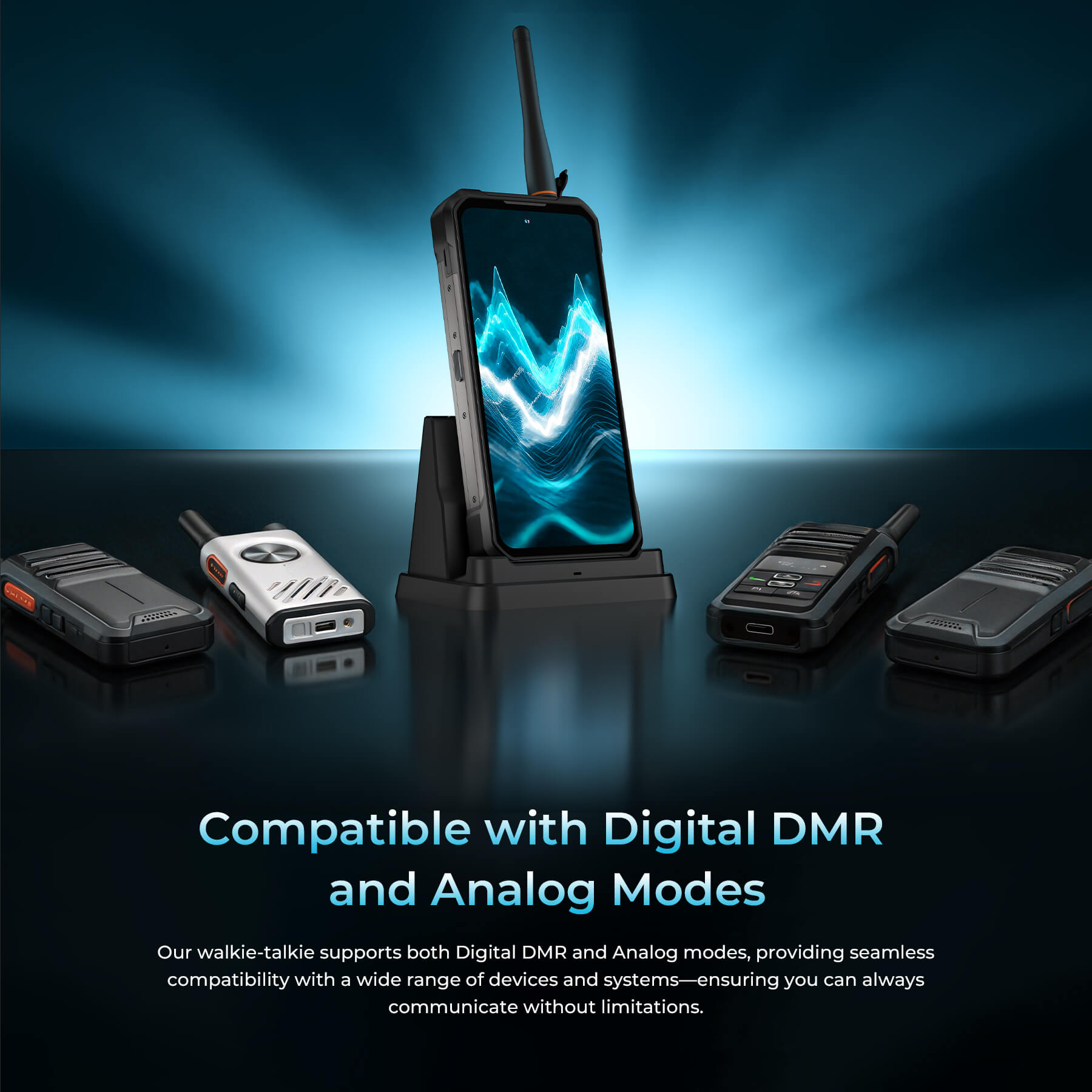 WP61 Plus Rugged Phone featuring 2W DMR walkie-talkie compatible with both Digital DMR and Analog modes, providing seamless communication without limitations for professional and outdoor use.