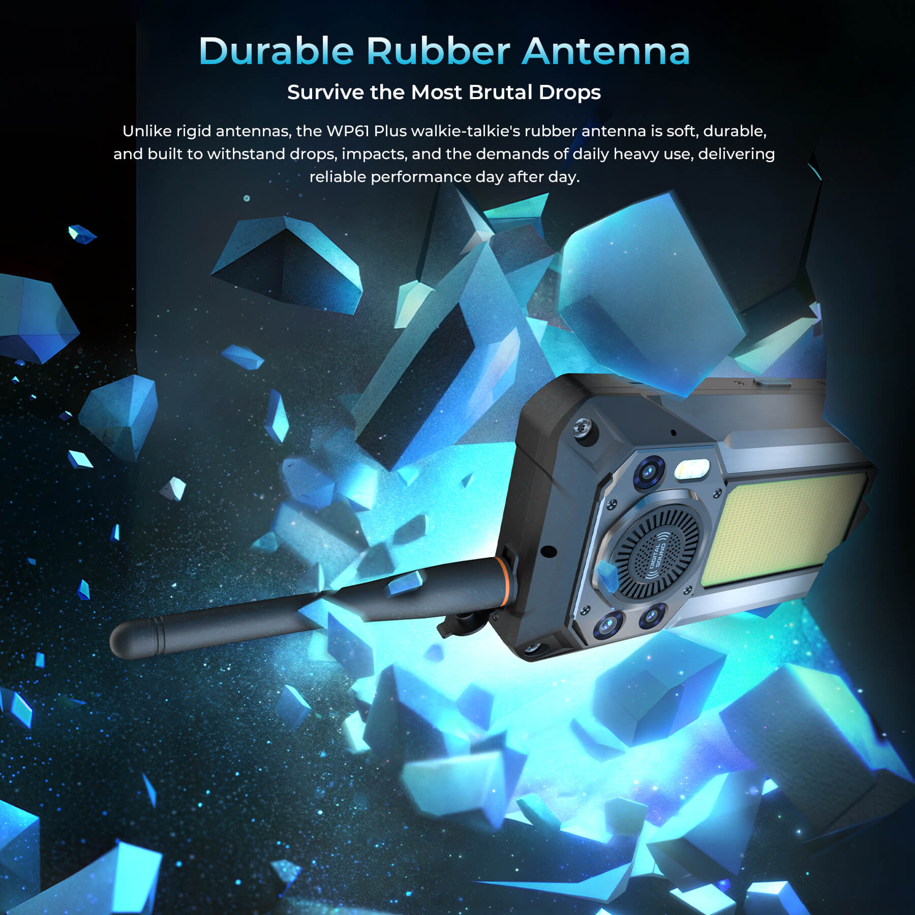 WP61 Plus Rugged Phone featuring durable rubber antenna designed to survive the most brutal drops—soft yet robust construction ensures reliable walkie-talkie performance day after day.