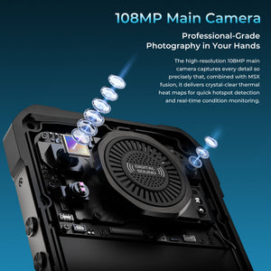 WP61 Ultra Rugged Phone featuring 108MP main camera with professional-grade photography and MsX fusion technology, delivering crystal-clear thermal heat maps for quick hotspot detection and real-time condition monitoring.